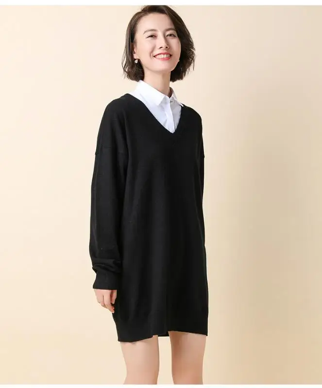 Spring Autumn Winter New Women Lady Cashmere Wool Long Sweater Pullovers Solid V-Neck Casual Big Size Warm Wild Loose Fashion