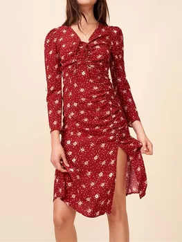 

Floral Print V-neck Women's Split Midi Dress Long Sleeve Drawstring Pleated Sundress Holiday Casual Slim Long Dresses Clothing