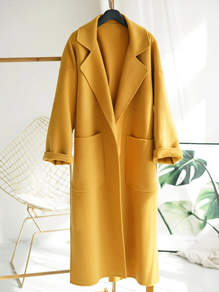 

Women yellow Elegant Winter wool Overcoat Long Bandage Woolen Coat Cardigan Loose Plus Size outwear with pocket turn down collar