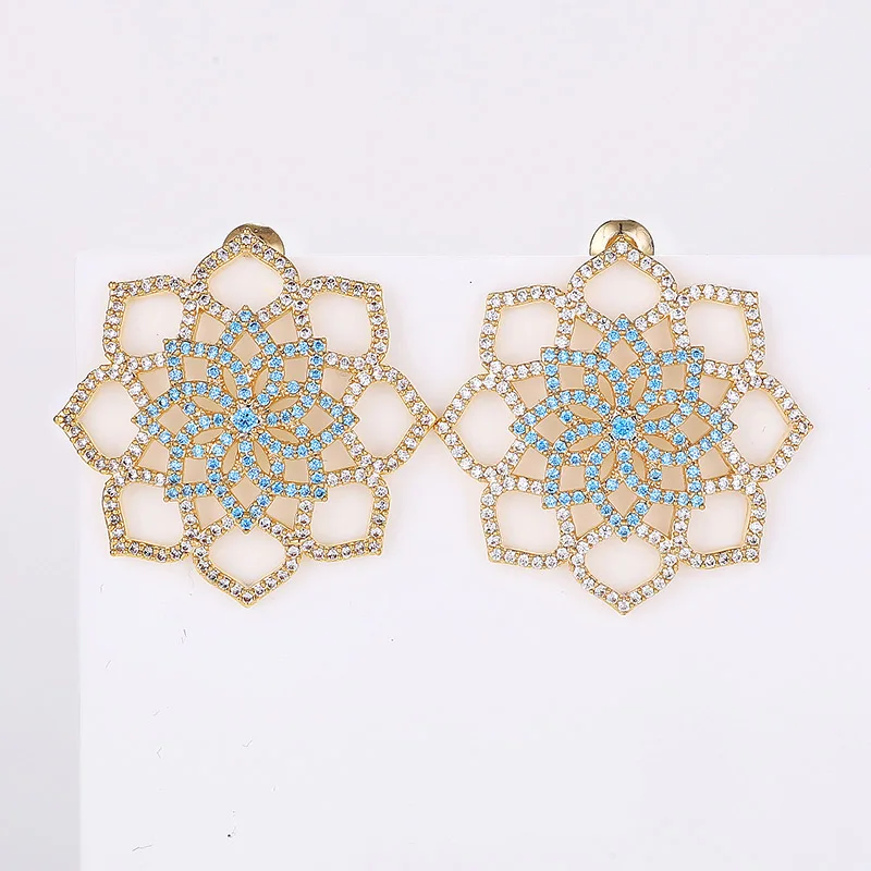 Blue Очень девушка дизайн большие полые цветок лотоса серьги гвоздики для женщин Свадебные украшения, серьги - Окраска металла: Blue