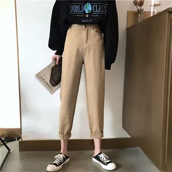 

HziriP 2019 Autumn Casual Solid Slender Slim High Waist Harem Pants Streetwear All-Match Loose Ankle-Length Denim Jeans Trousers