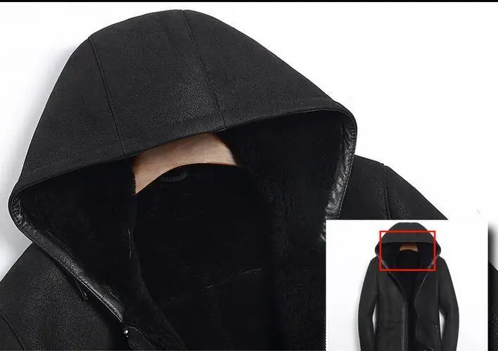 Мужская кожаная куртка с капюшоном черная Толстая из натуральной овечьей кожи