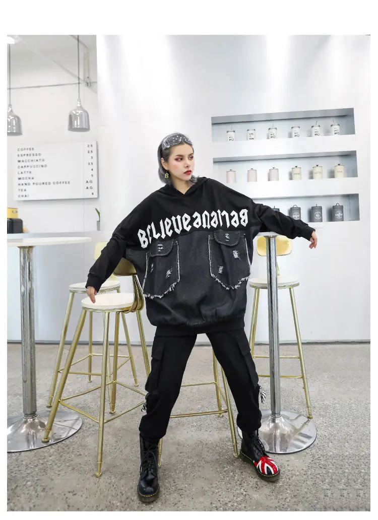 XITAO Tide Patchwork Burr Denim sweatshirt Letter Print Women Clothes Fashion Plus Size Hoodies Full Sleeve Top New WQR2103