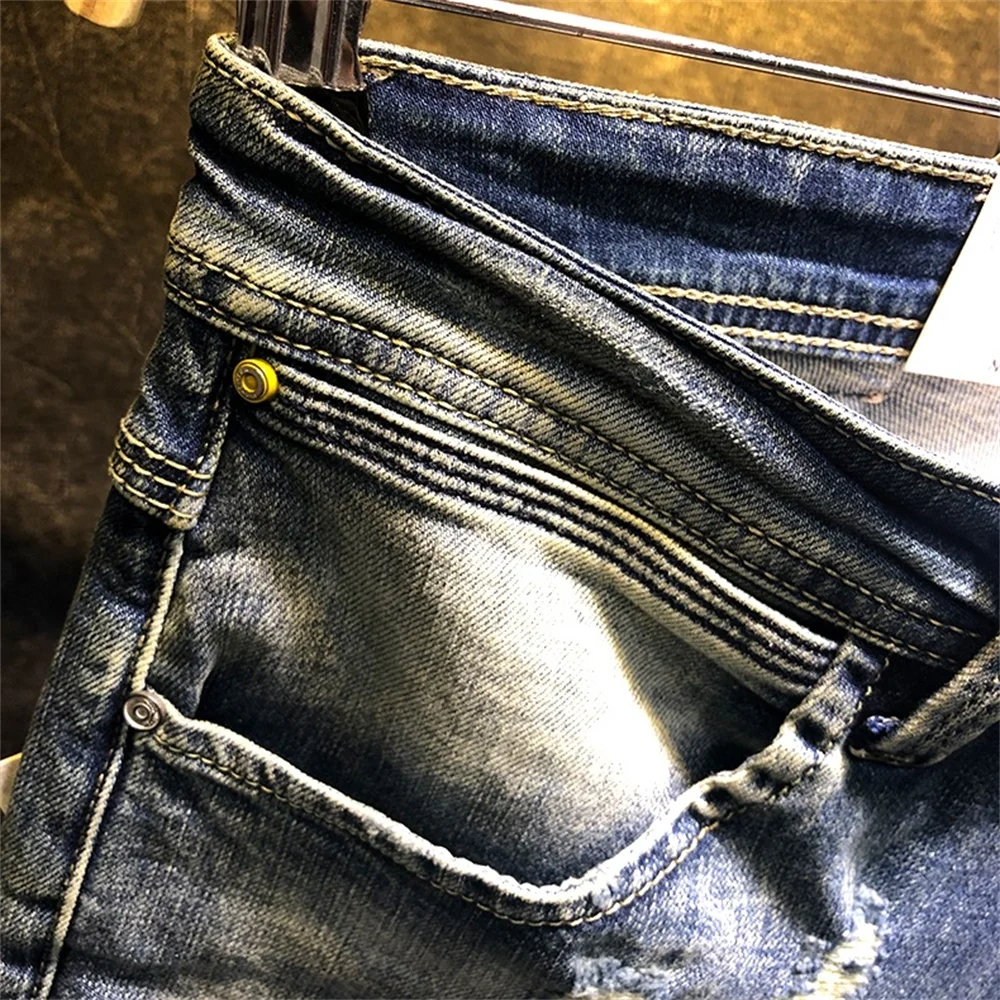 EH · MD® Blue Embroidered Hole Denim Shorts Men's Cotton Slim Pants Retro Shaving White European and American Style Casual 2022