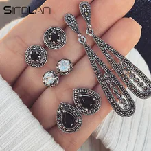 Sindlan 4 пары корейских маленьких сережек с кристаллами, набор геометрических сережек с черным драгоценным камнем, серебряные серьги-гвоздики для женщин, винтажные женские ювелирные изделия для ушей