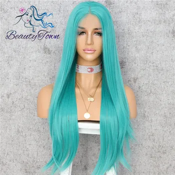 

BeautyTown HandTied Blue Straight High Heat Resistant Cosplay Drag Queen Celebrity Girl Wedding Party Synthetic Lace Front Wig