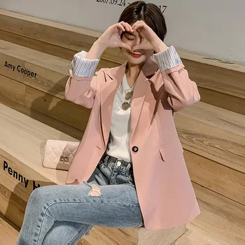 

Korean Women Jacket Small Suit Long-sleeved Jacket Loose Elegant Fashion Casual Slim Mid-length Suit Women Fall 2020 Women
