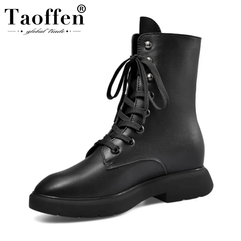 Taoffen/женские мотоциклетные ботинки из натуральной кожи; черные зимние ботинки на плоской подошве со шнуровкой; женские Зимние удобные модные ботинки; размеры 34-39