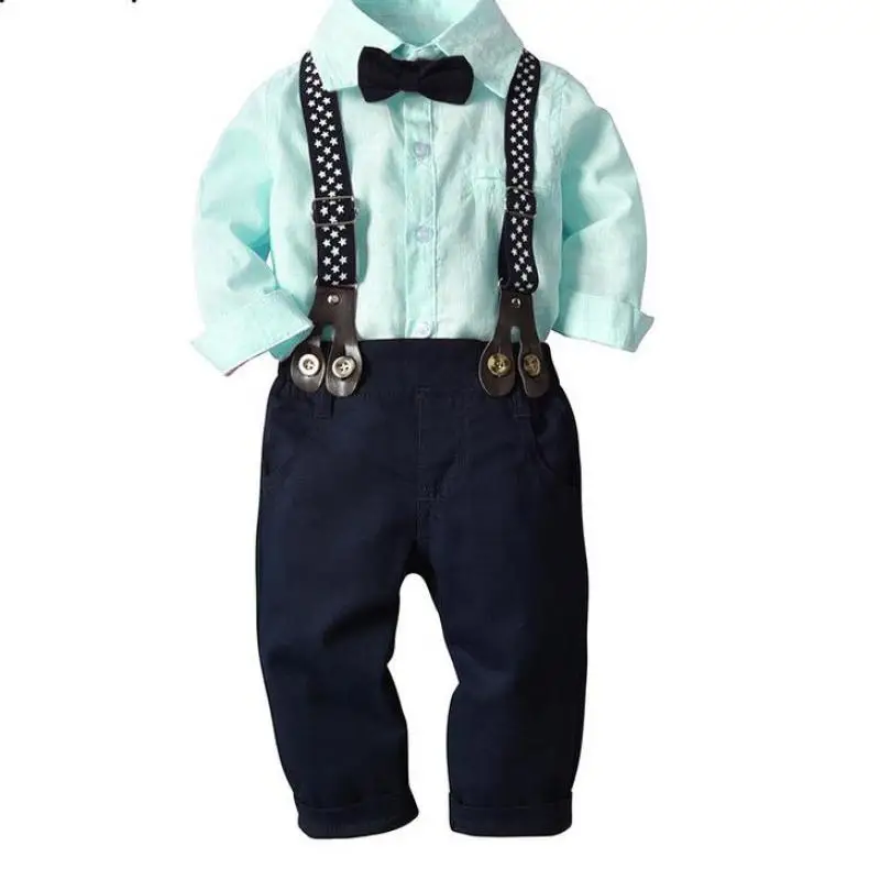 

Fashion Boys Gentleman Clothing Set Long Sleeve Striped Shirt with Bowtie+Suspender Pants Kids Boys Formal Suit