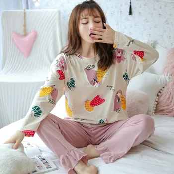 

Pajama Sets Women Long Sleeve O-neck Printed Leisure Kawaii Women Home Wear Elegant Chic Comfortable Soft Simple Sleepwear New