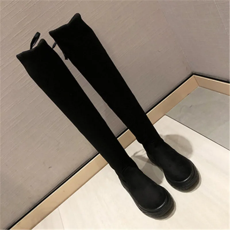 Женские ботфорты выше колена в студенческом стиле; сезон осень-зима; пикантная облегающая женская обувь из эластичной ткани; длинные женские сапоги; Bota Feminina - Цвет: Black Suede