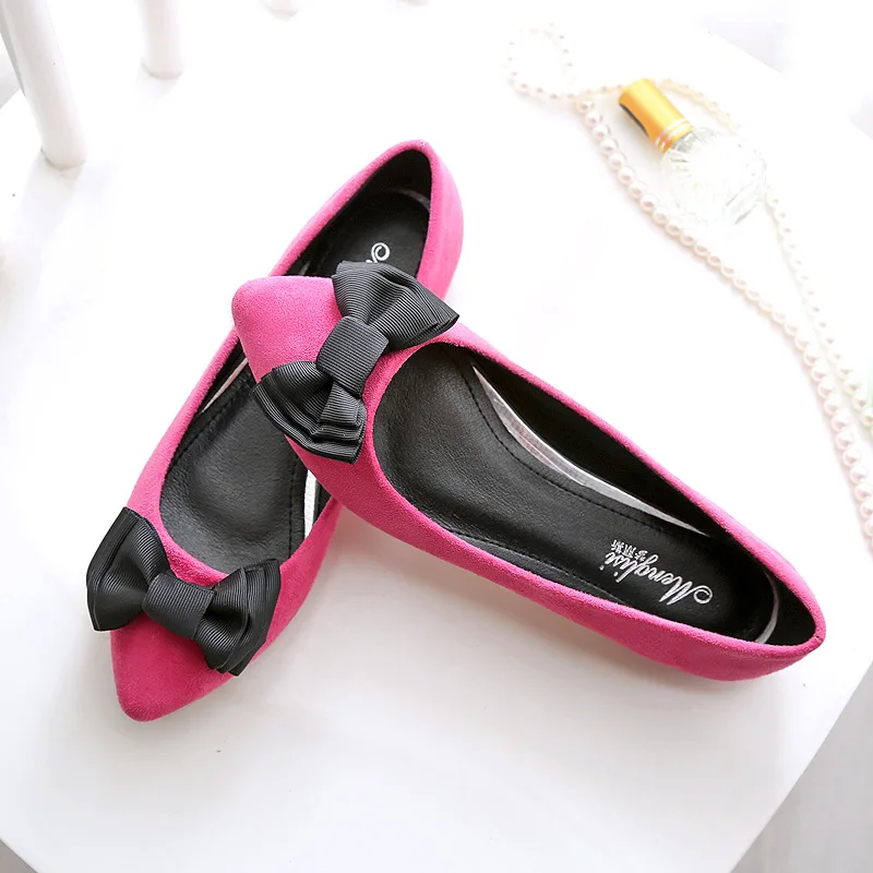 

35~43 Women Plus Size Flats Pointed Toe Satin Bow Suede Leather Single Shoes Breathable Ballet Flat Shoe Ladies Slip On Loafers