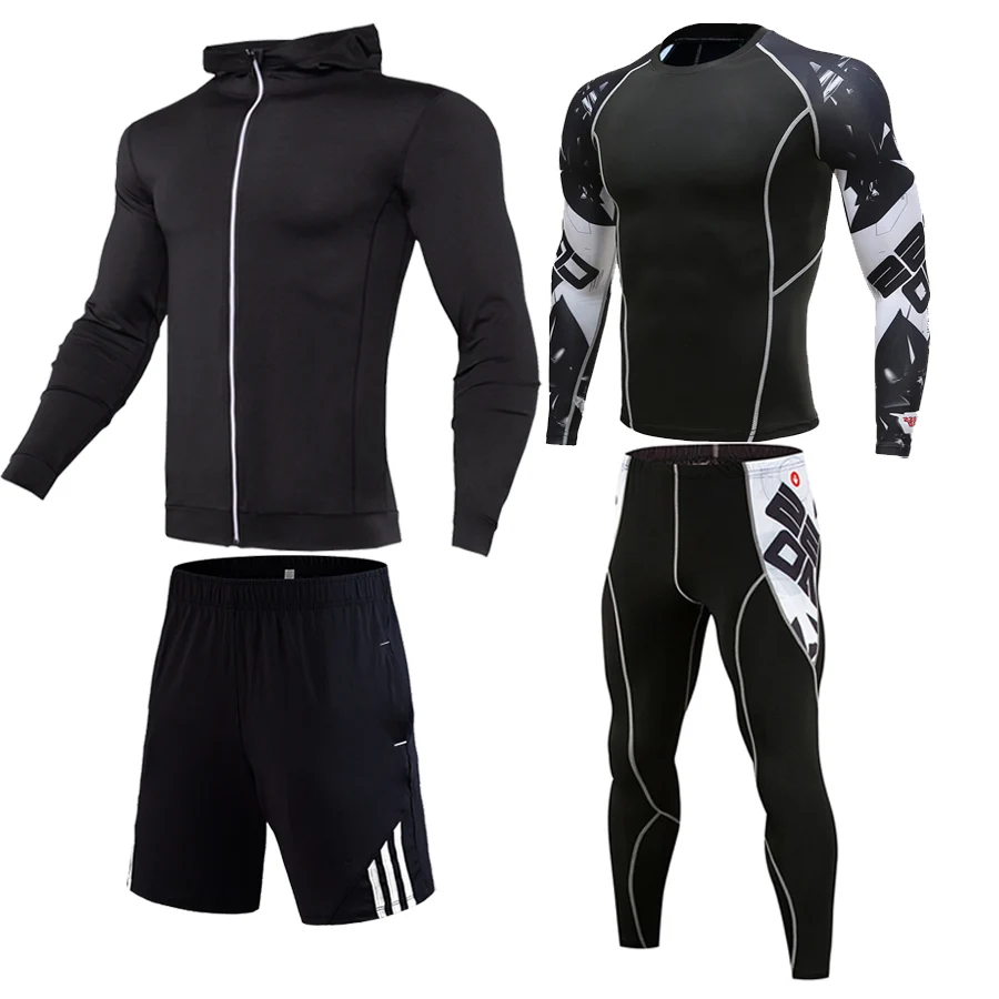 White black Компрессионная одежда мужской спортивный костюм для бега спортивная куртка толстовка колготки рубашка шорты 1-4 шт. спортивный костюм Мужская спортивная одежда для фитнеса - Цвет: White black