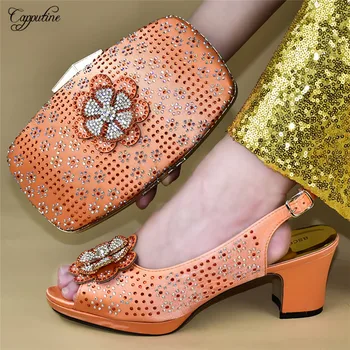 

Pretty orange with rhinestones high heel pump shoes with handbag set 588-5, heel height 7cm