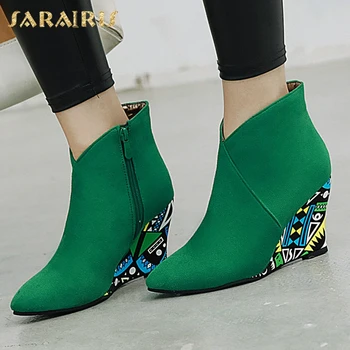 

Sarairis big Size 43 dropship hot sale Pointed Toe Ankle Boots Women Shoes Woman Zip Up Wedge Heels Shoes Woman Boots Female