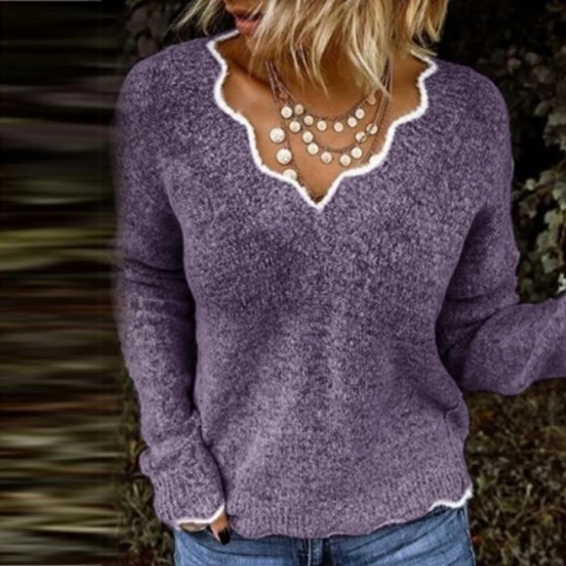 Свитер женский модный топ с v-образным вырезом и длинным рукавом Зимний осенний теплый пуловер Повседневный однотонный вязаный свитер джемпер Прямая поставка - Цвет: Purple