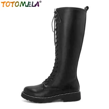 

TOTOMELA 2020 New genuine leather boots women lace up round toe black square heel riding boots ladies knee high boots