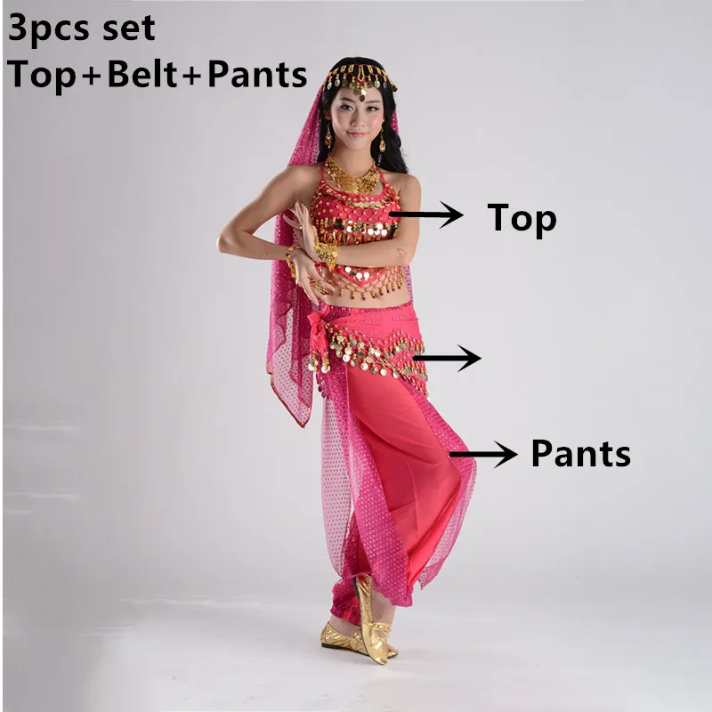 Rose 3pcs set Костюмы для танца живота для продажи, штаны для женщин, Болливуд, индийский Египетский танец живота, платье для танцев размера плюс, для взрослых женщин, индийская одежда - Цвет: Rose 3pcs set