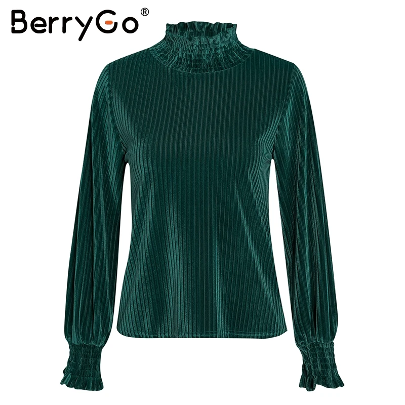 Зеленый BerryGo, винтажная водолазка, полосатая бархатная блузка, женская мода, рукав-фонарик, Женский Топ, рубашки, Осень-зима, свободная женская рубашка - Цвет: Зеленый
