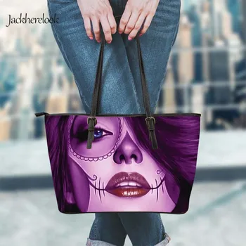 

Jackherelook Women Brand Designer Gothic Skull Girls Design Handle Bag Purple Tops Leather Zipper Outdoor Large Storage Bolsa
