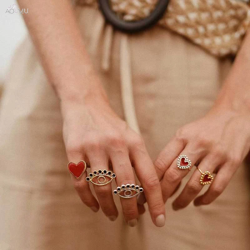

Boho 2019 New Minimalist Lovely Hollow Evil Eye Rings For Women Gold Silver Color Evil Eye Finger Ring Fashion Jewelry