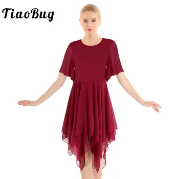 

TiaoBug Adult Elegant Asymmetrical Chiffon Solid Color Leotard Women Ballet Dress Classic Contemporary Lyrical Dance Costumes