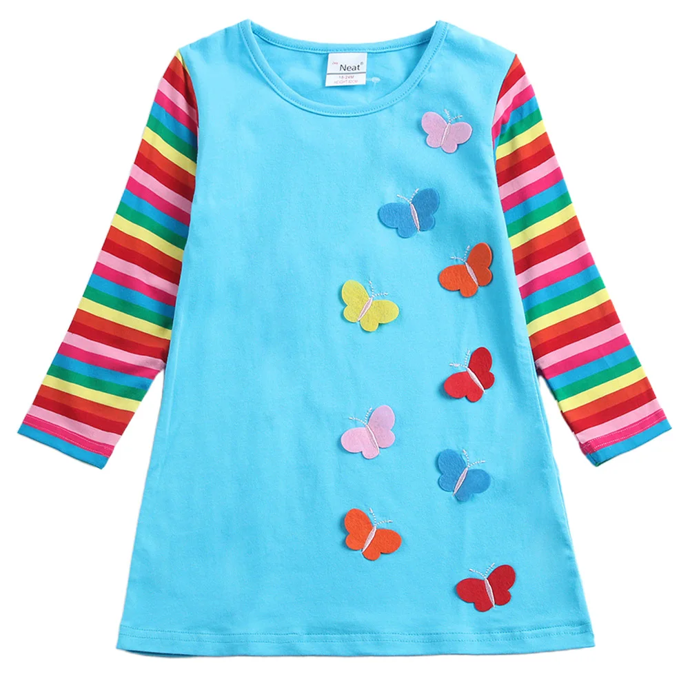 Осенне-зимнее детское Хлопковое платье с украшением в виде бабочек милое Радужное платье в полоску с вырезом лодочкой для девочек повседневные весенние мягкие вечерние платья с длинными рукавами