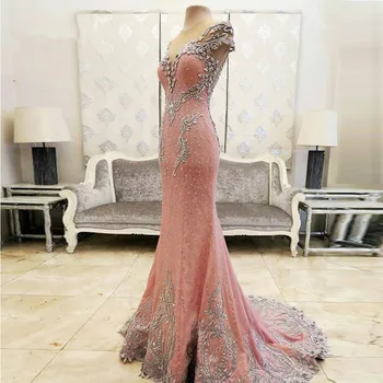 

Pink Muslim Evening Dresses Mermaid Cap Sleeves Appliques Beaded Islamic Dubai Saudi Arabia Long Formal Evening Gown Prom