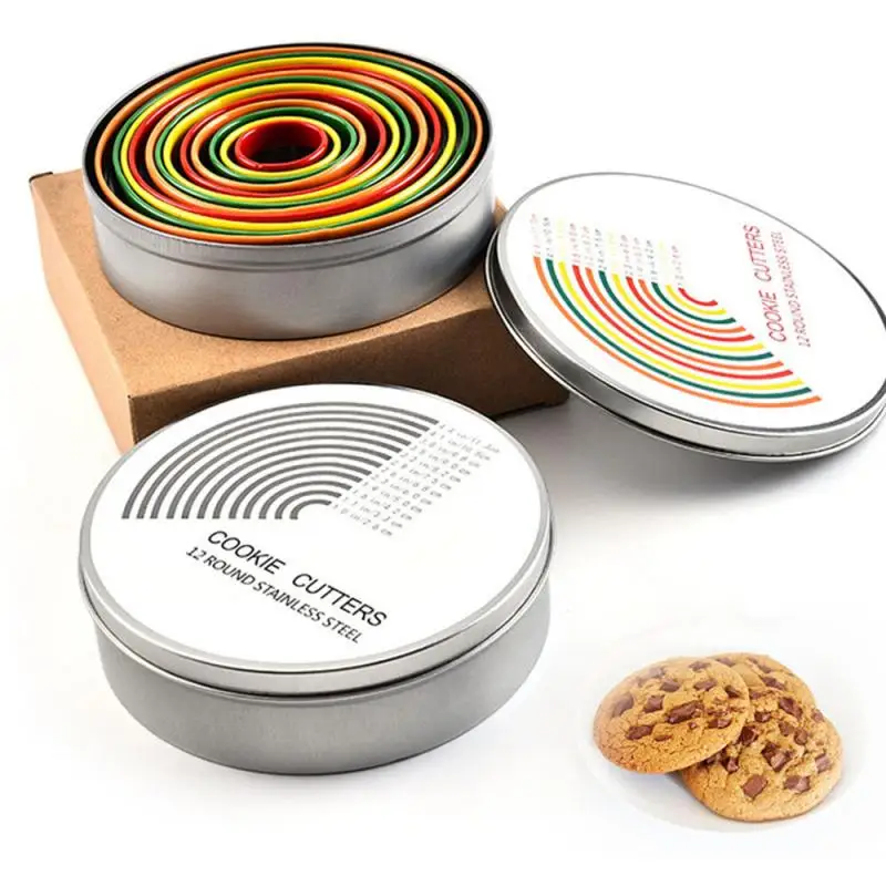Set Of 12 Round Cookie Cutter Circle Biscuits Cutters With Storage Tin
