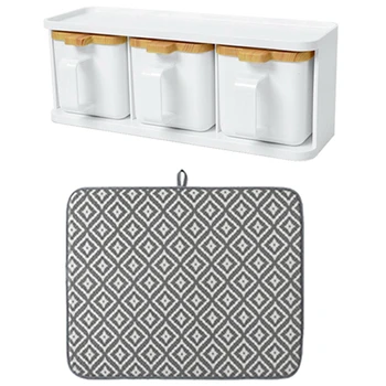 

2 Set Kitchen Accessories: 1 Set Spice Jar Plastic Storage Bottle Tools & 1 Set Dish Drying Mat for Kitchen Sink Drainer