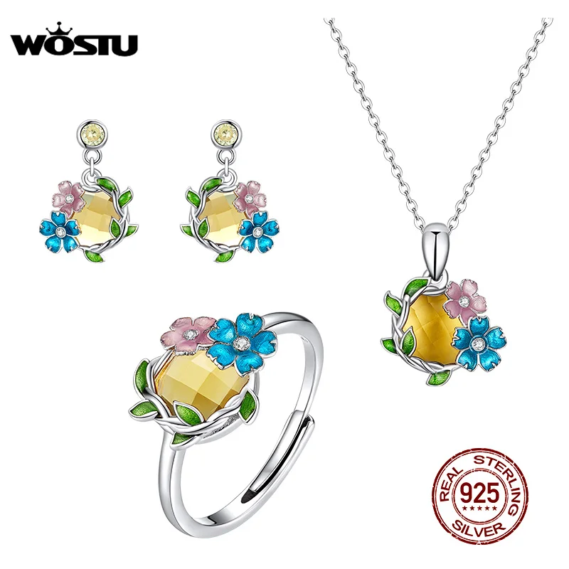 

WOSTU 100% 925 Sterling Silver Colorful Flowers Stud Earrings and Ring & Necklace Jewelry Sets For Women Fashion Jewelry XCS149