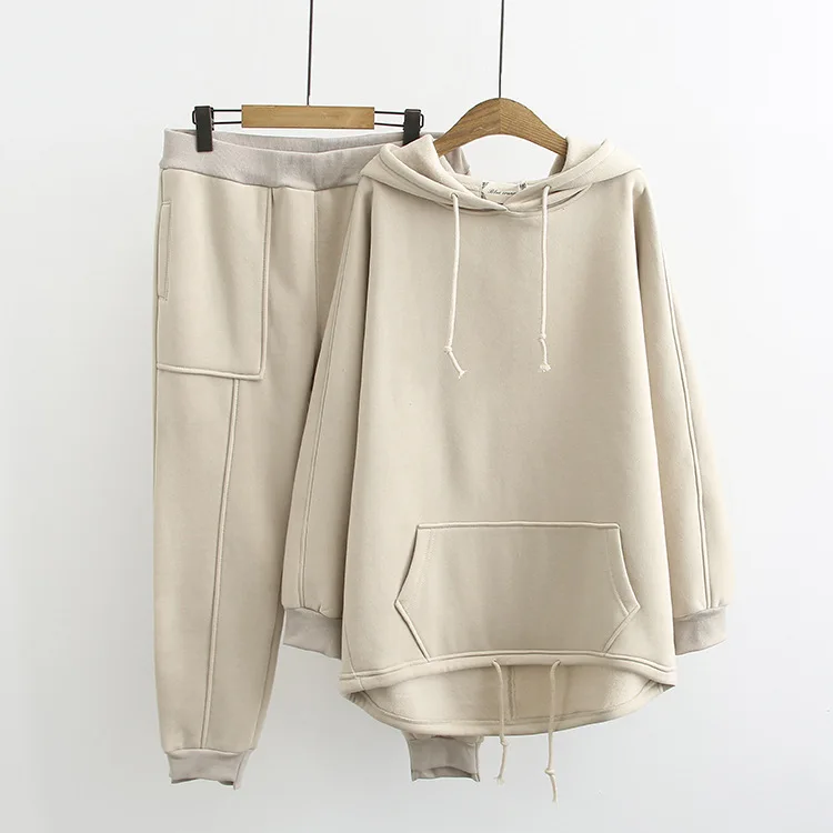 Khaki Set Blvyisla 100 кг женский сплошной цвет утолщаются досуг спорт держать теплый флис зима толстовка с капюшоном костюмы большой спортивный костюм набор - Цвет: Khaki Set