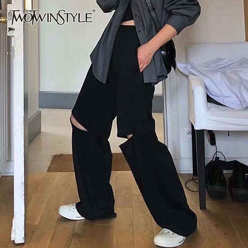 

TWOTWINSTYLE Elegant hollow out Pants Female High Waist Pocket Large Size straight Trouser Women 2020 Fashion Autumn Clothes New