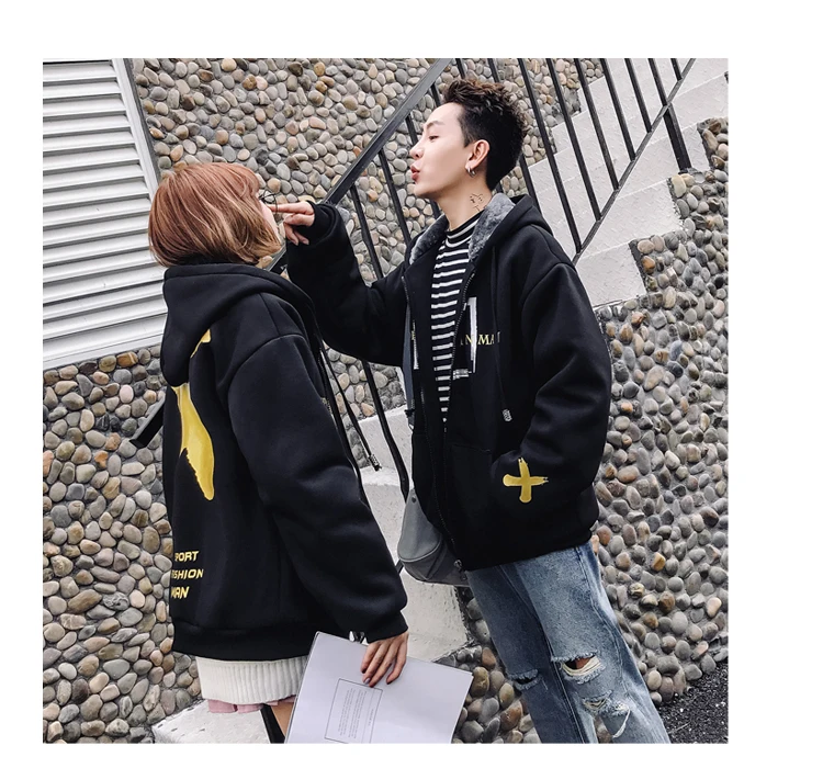 Winter New Style Hooded Brushed And Thick Couples Hoodie Fashion And Personality Loose-Fit Printed Casual Men And Women Coat
