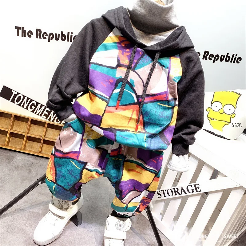 WLG/комплект осенней одежды для мальчиков из 2 предметов; детская толстовка с капюшоном и длинными рукавами и штаны; модная детская одежда
