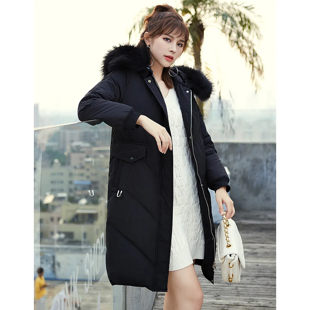 Зимний стиль, женское платье средней длины, Воротник из меха енота, белый утиный пух, куртка в Корейском стиле, приталенное теплое пальто для похудения