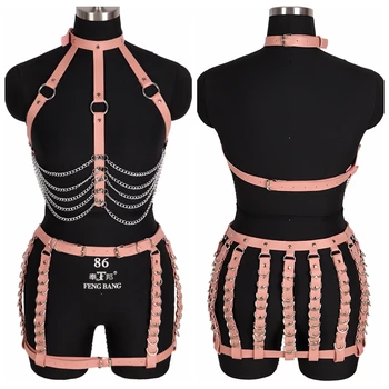 

Pink 1 Set Leather Harness Bra Belt Skirt Suspender Bondage Sexy Lingerie Hollow Out Goth Punk Body Cage Chain Club Adjust Top