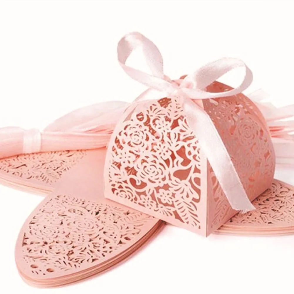 

50 Pcs Candy Boxes With Ribbons Solid Party Baby Shower Favor Pumpkin Carriage Pearl Paper DIY Wedding Gift Birthday Decoration