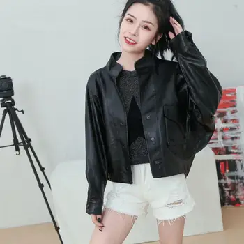 

Office Lady Slim Women Faux Leather Jacket Fashion Solid Women Overcoat Rivet Motorcycle PU Leather Jacket