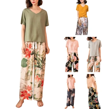 

Women Contrast Color 2Pcs Pajamas Set Short Sleeve Pullover Loose Tops Floral Print Bowknot Long Pants Lounge Sleepwear