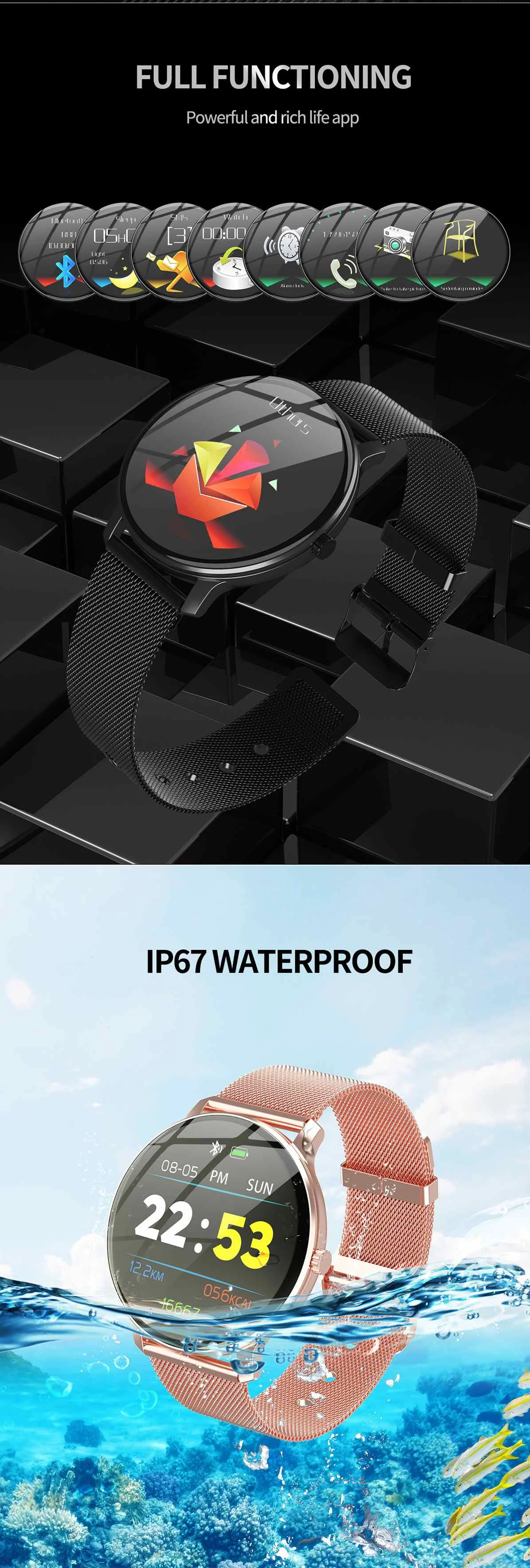 Сенсорные круглые умные браслеты экран IP67 водонепроницаемые Смарт часы обратный отсчет Секундомер Монитор сердечного ритма спортивный браслет для фитнеса