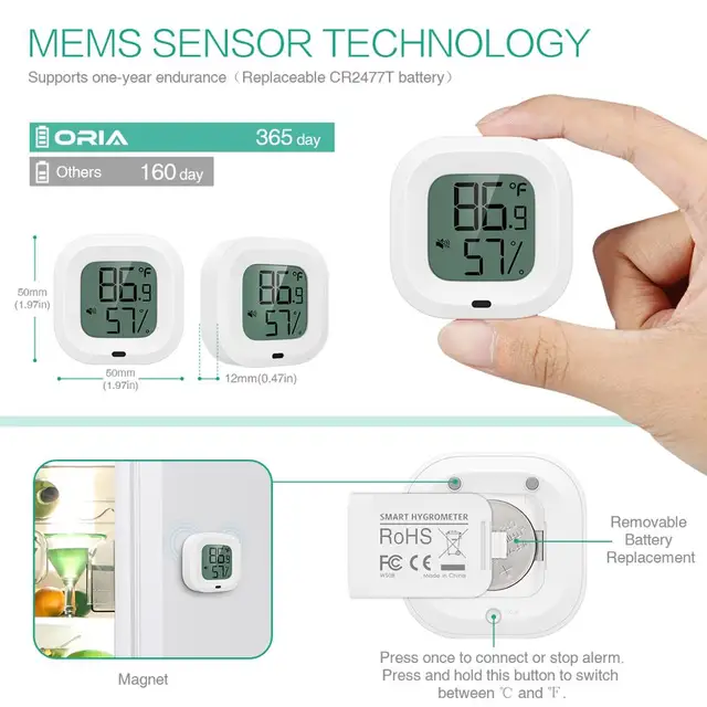 Oria Vezeték Nélküli Hőmérő Hygométer Mini Bluetooth 5 Páratartalom Hőmérséklet-Érzékelő Riasztás Beépítési Mágnes Házhoz - Image 3