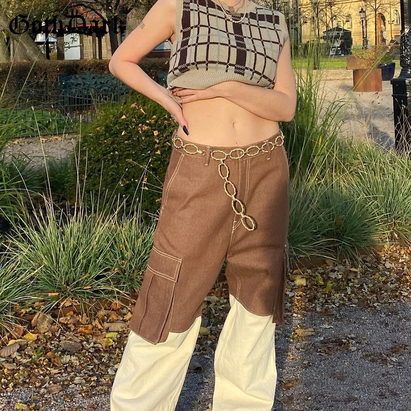 

Goth Dark Wide Leg High Waist Gothic Cargon Pants Hip Hop Panelled Loose Pockets Patchwork Trousers Women Streetwear Clothes