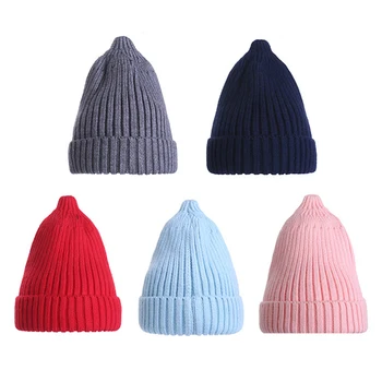 

Newborn Baby Caps Cute Autumn Winter Warm Kids Solid Print Hats Knitted Wool Hemming Caps