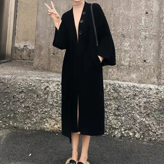 New Autumn Winter Women Jackets Knitting Warm Korean Style Elegant Casual Long Coat Outerwear Ladies F039 - Цвет: Black