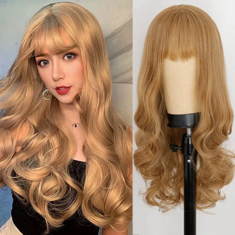 Long Wavy Synthetic Wigs With Bangs For Women Natural Hair Brown Blonde Cosplay/Halloween Fake