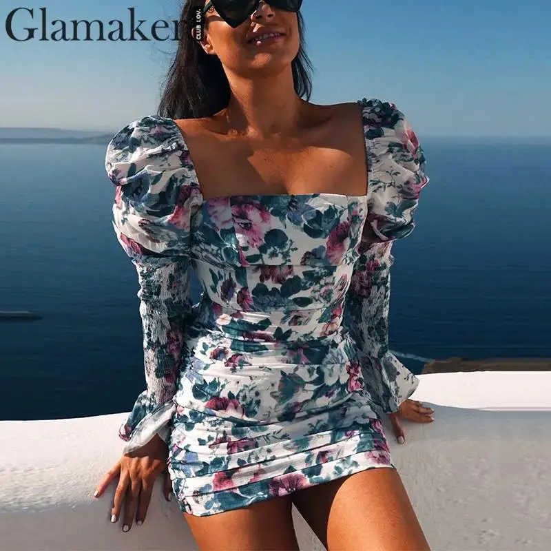 Glamaker винтажный буф рукав цветочный принт платье женское модное Плиссированное пляжное мини-платье Летнее сексуальное элегантное вечернее платье vestido