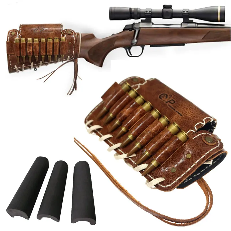 

Leather Rifle Buttstock Ammo Holder with Cheek Rest Pad Adjustable Hunting Ammo Pouch Gun Accessories Cartridge Shell Holder