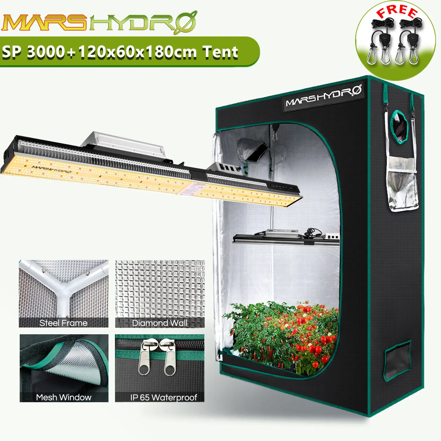 Mars Hydro SP 3000 Led Grow Light +120x60x180cm Indoor-Tent Grow Box Full Spectrum Veg Flower