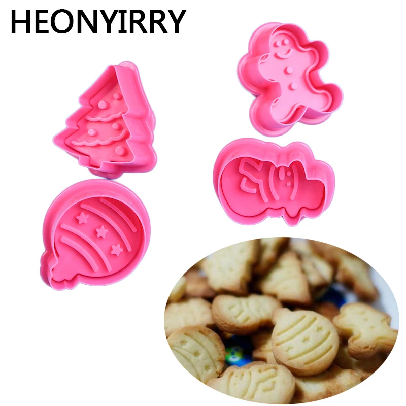 

4pcs Stamp Biscuit Mold 3D Cookie Plunger Cutter Pastry Decorating DIY Food Fondant Baking Mould Tool Christmas Tree Snowman